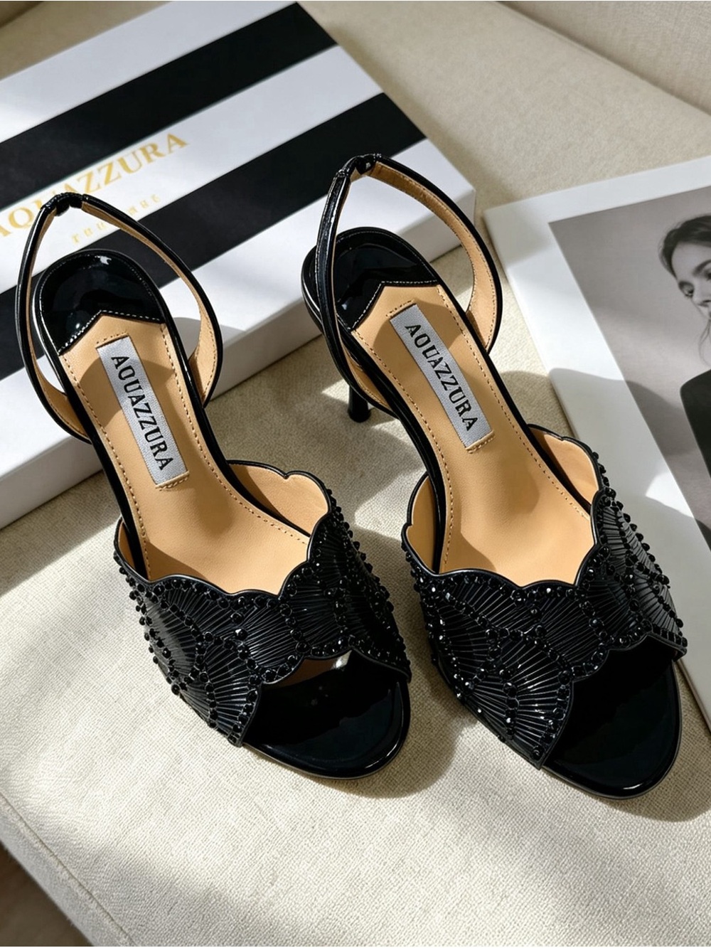 Aquazzura Black Beaded Scallop Slingback Heels